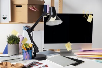 Home office setup with sticky notes