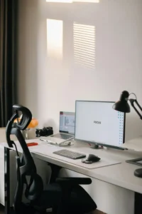 Clean and minimalist office desk with ergo chair