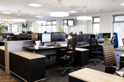 office furniture, Modern office design with black and wood mix